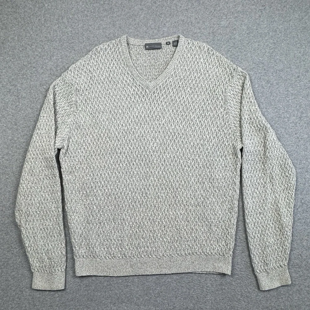 Hickey Freeman 3D Knit V Neck Sweater Mens XL Light Gray Cotton Casual Career‎